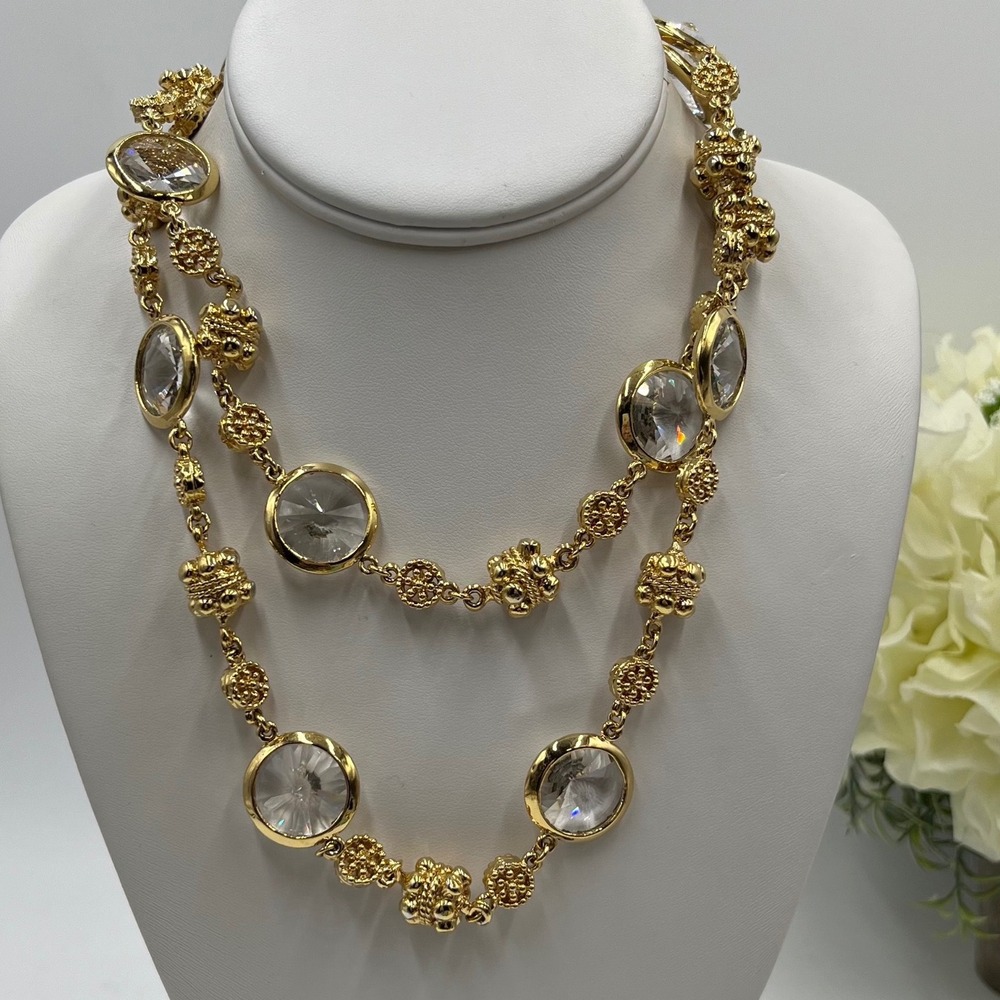 St. John Signed Vintage Bezel Set Faceted Clear Crystal Station Necklace 36"